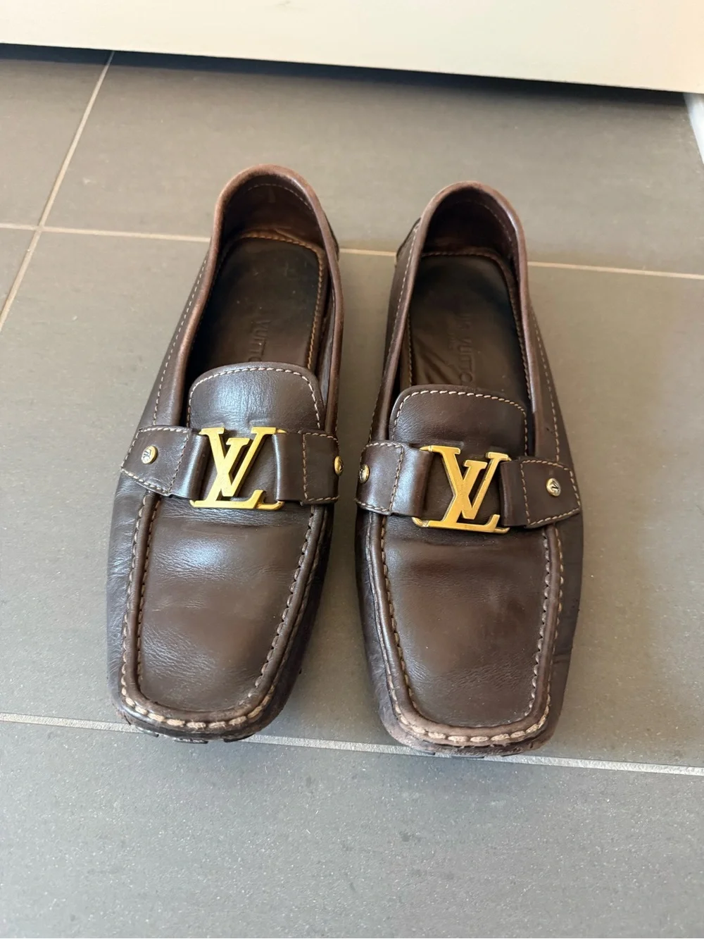 Louis Vuitton Dark Brown Leather Loafers with Gold LV Hardware